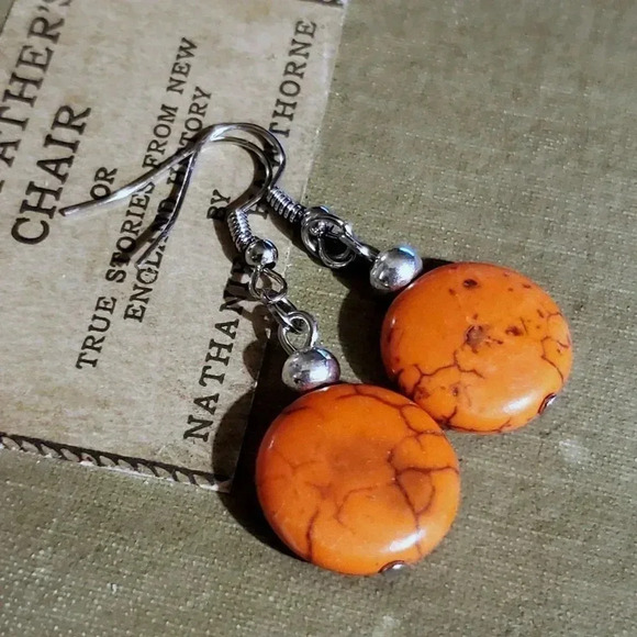 Handcrafted Silver and Orange Magnesite Gemstone Puffed Coin Dangle Earrings - Picture 3 of 7
